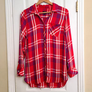Talbots Womens Long Sleeve Button Up Top Red White Blue Plaid Tunic Size M